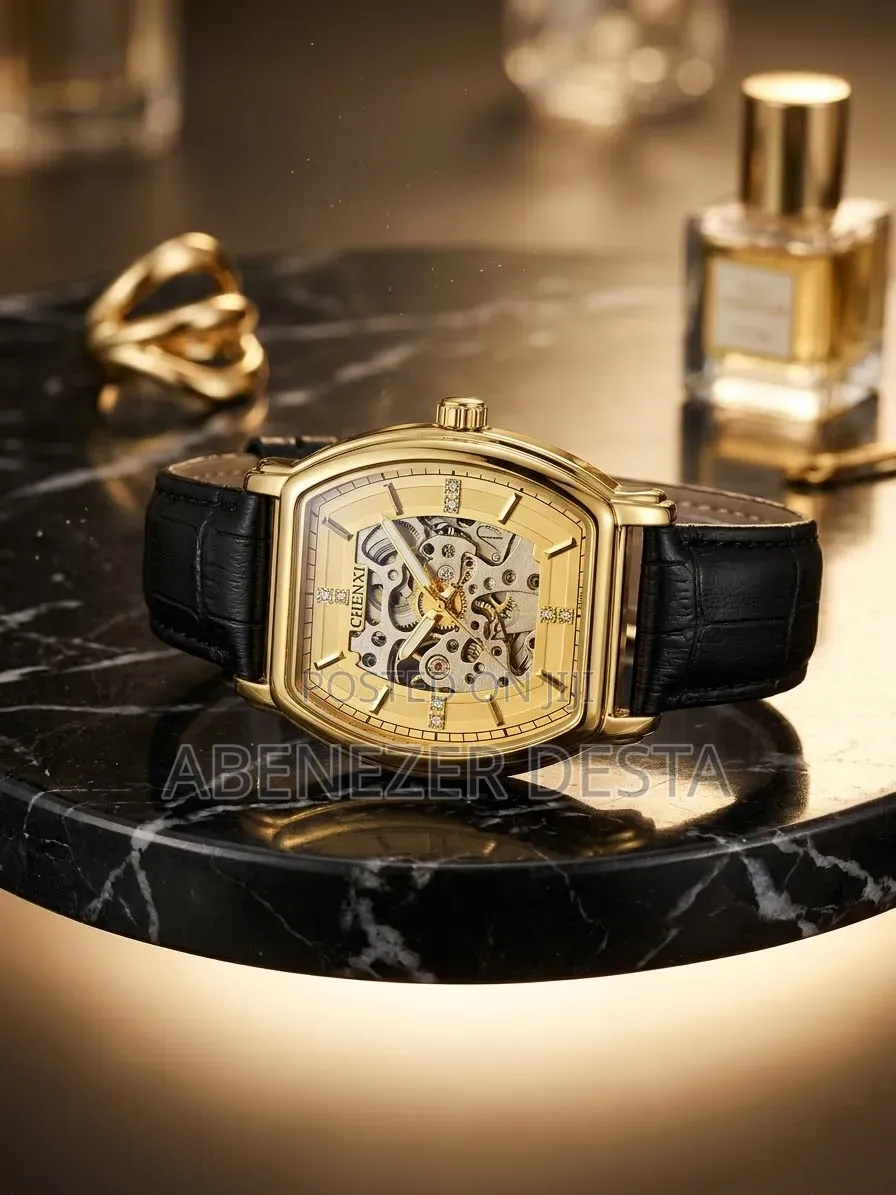 Gold-Toned CHENXI Skeleton Automatic Mechanicalmen Watch Black Leather