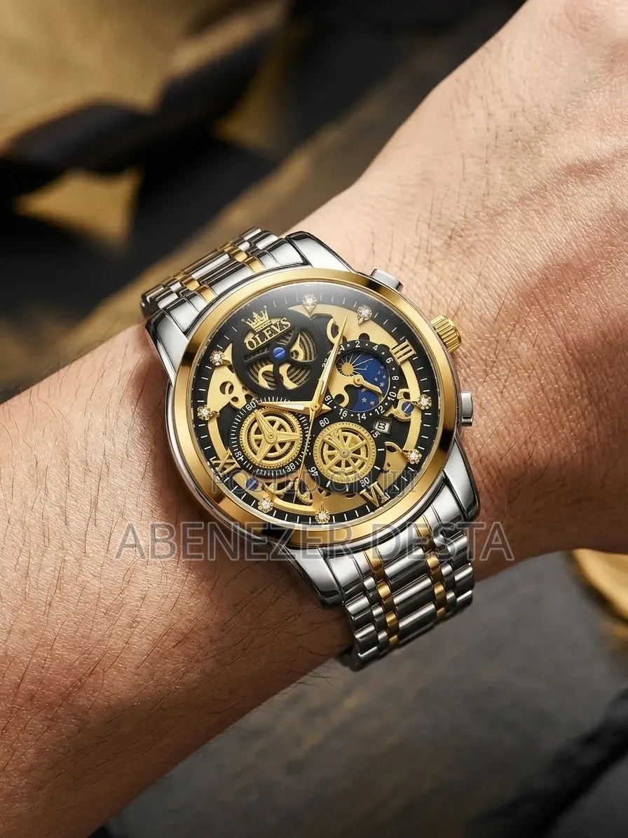 OLEVS 9947, a Two-Tone Gold and Silver Skeleton Quartz Chronograph