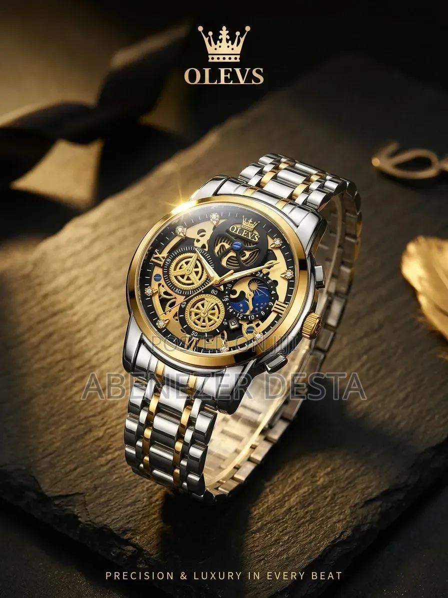 OLEVS 9947, a Two-Tone Gold and Silver Skeleton Quartz Chronograph