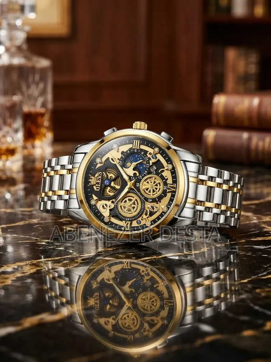 OLEVS 9947, a Two-Tone Gold and Silver Skeleton Quartz Chronograph