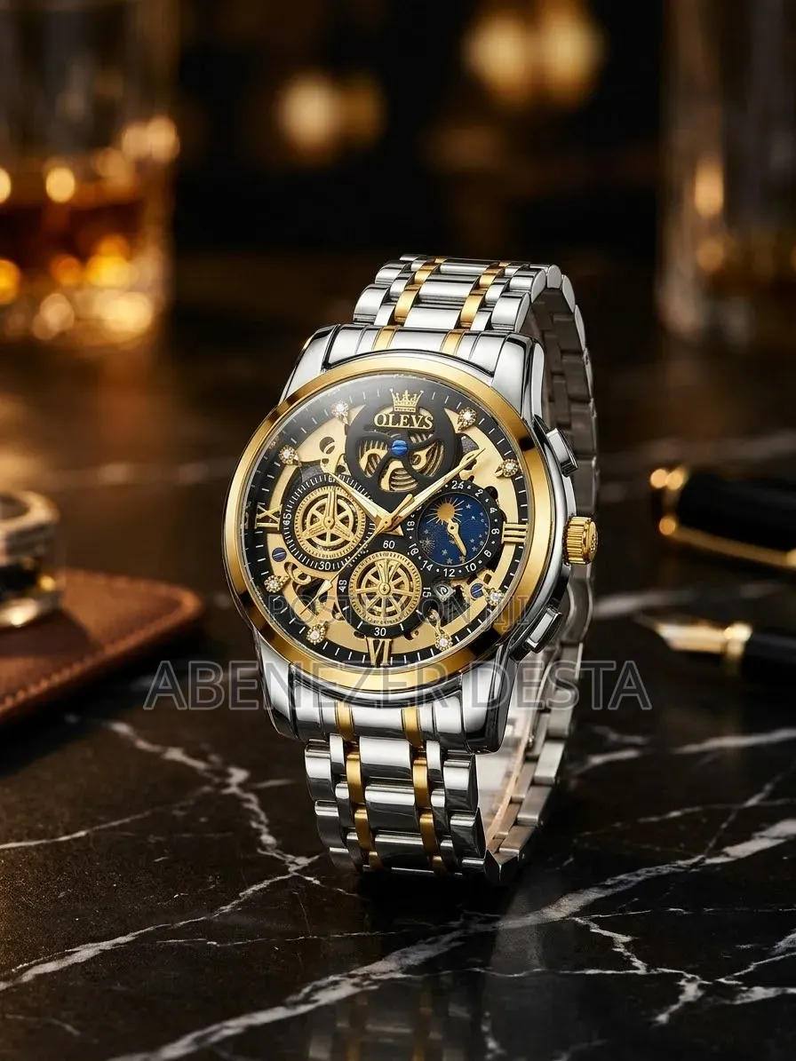 OLEVS 9947, a Two-Tone Gold and Silver Skeleton Quartz Chronograph