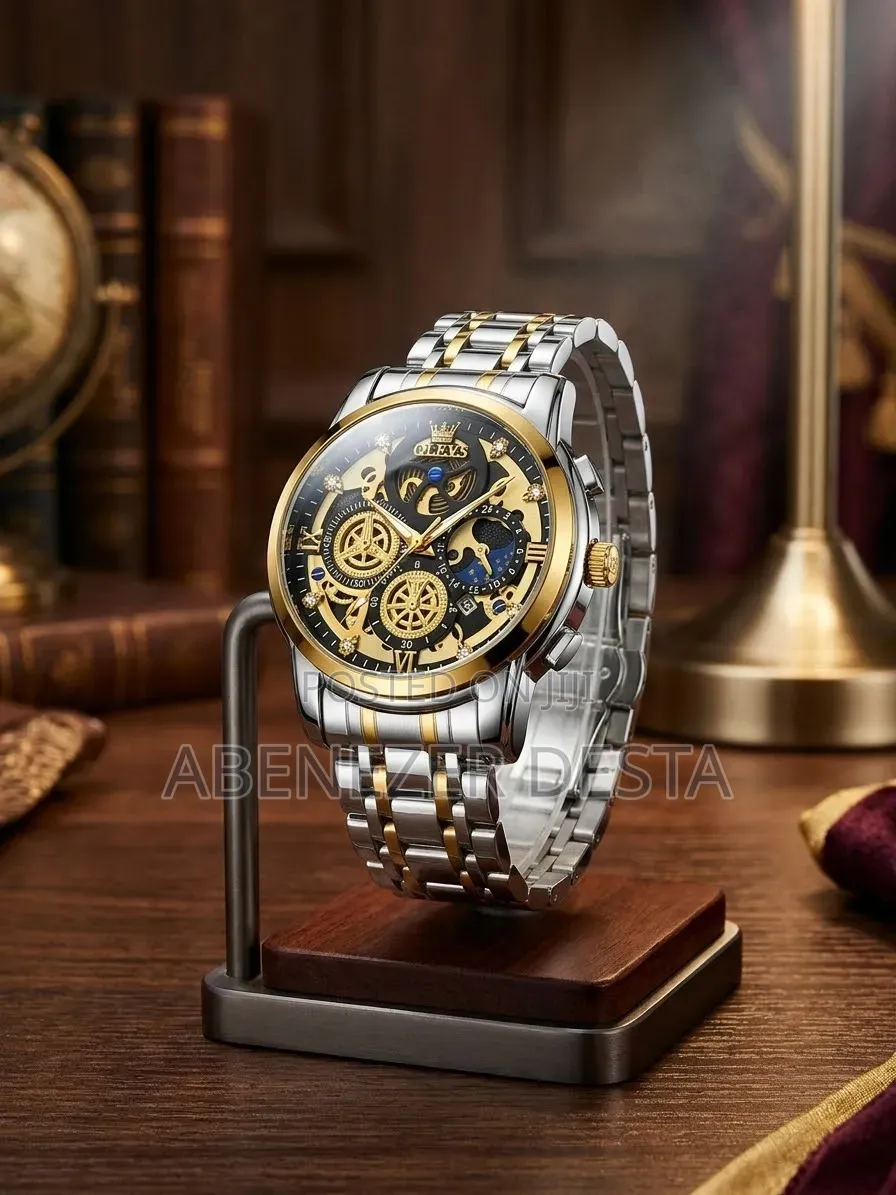 OLEVS 9947, a Two-Tone Gold and Silver Skeleton Quartz Chronograph