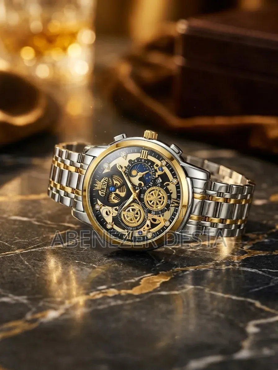 OLEVS 9947, a Two-Tone Gold and Silver Skeleton Quartz Chronograph
