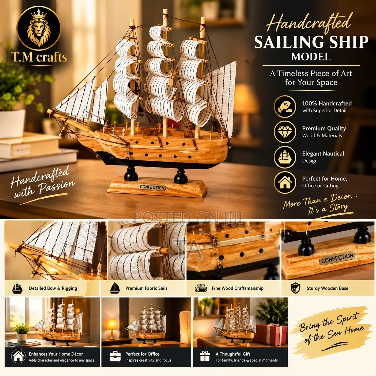 Handcrafted Wooden Sailing Ship Model የእንጨት መርከብ ቅርጽ ቅርጻ ቅርጽ ቅርፅ