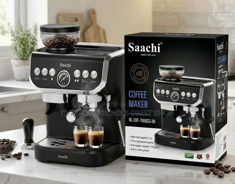 Saachi Espresso Coffee Maker – 1450W, Built-in Coffee Grinder & 19-Bar