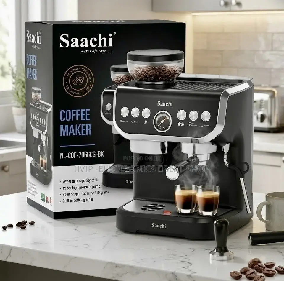Saachi Espresso Coffee Maker – 1450W, Built-in Coffee Grinder & 19-Bar