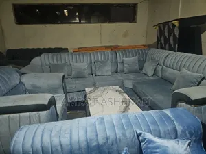 Luxury Blue-Grey Velvet L-Shaped Sofa in Good Condition