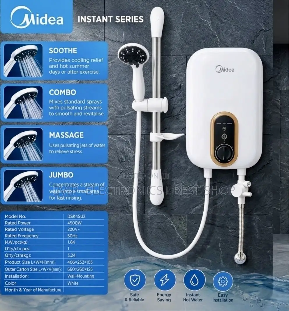Midea Instant Electric Shower Water Heater 4500W –Wall-Mounted, White