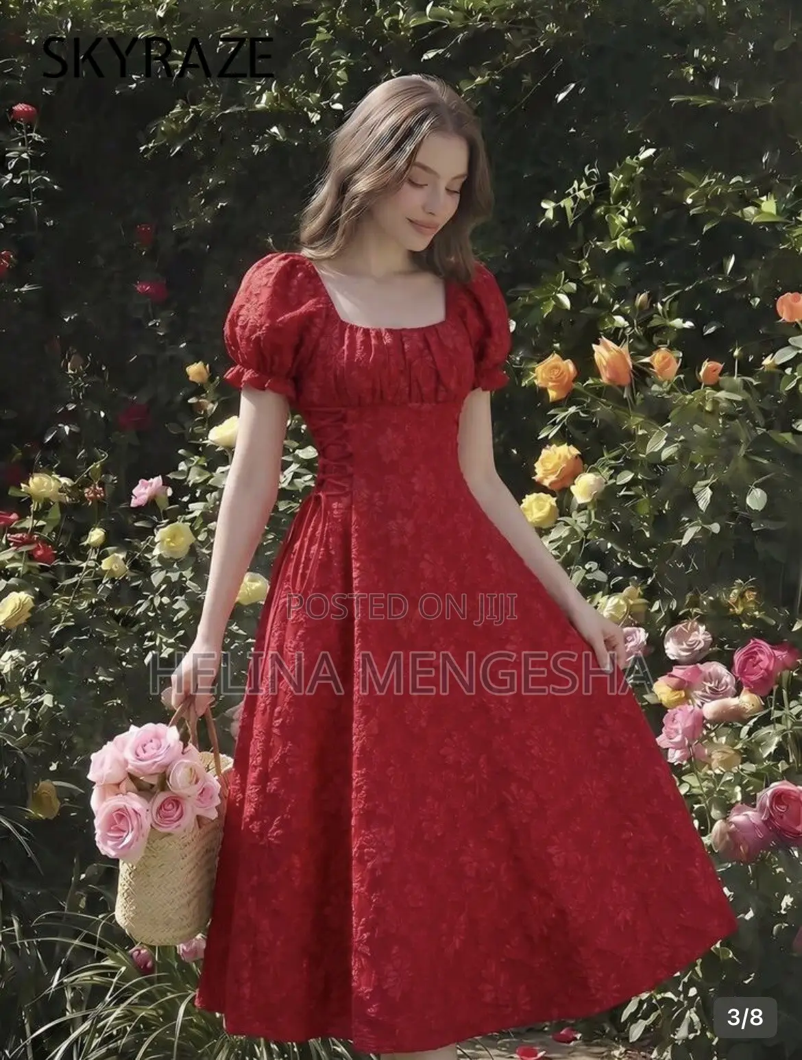 Skyraze Dark Red Summer Cottage Core Tea Party Dress