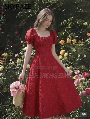 Skyraze Dark Red Summer Cottage Core Tea Party Dress