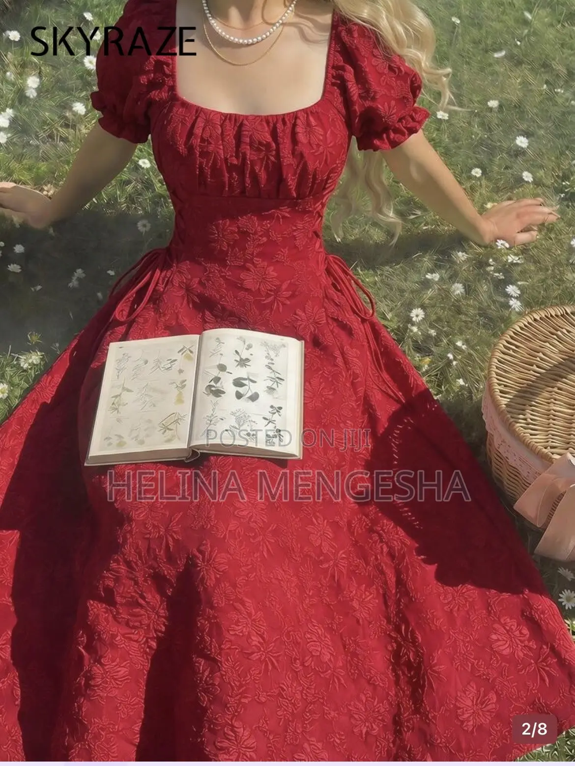 Skyraze Dark Red Summer Cottage Core Tea Party Dress