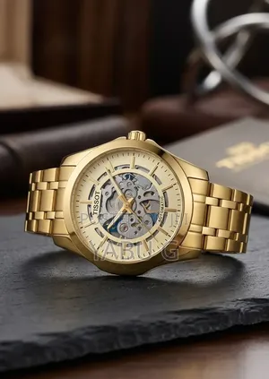 Gold-Toned Tissot Automatic Men's Watch Featuring a Skeleton Dial