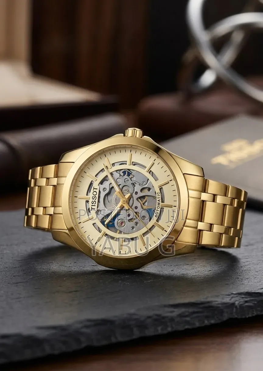 Gold-Toned Tissot Automatic Men's Watch Featuring a Skeleton Dial