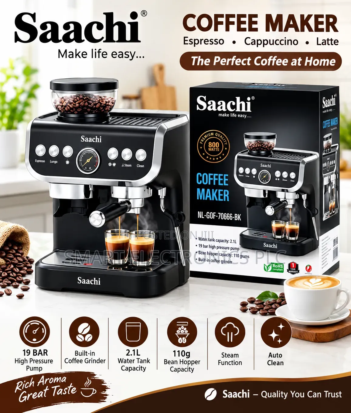 Saachi 19-Bar Espresso Coffee Maker With Built-in Grinder NL-COF-7066