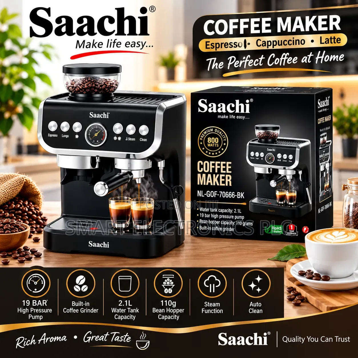 Saachi 19-Bar Espresso Coffee Maker With Built-in Grinder NL-COF-7066