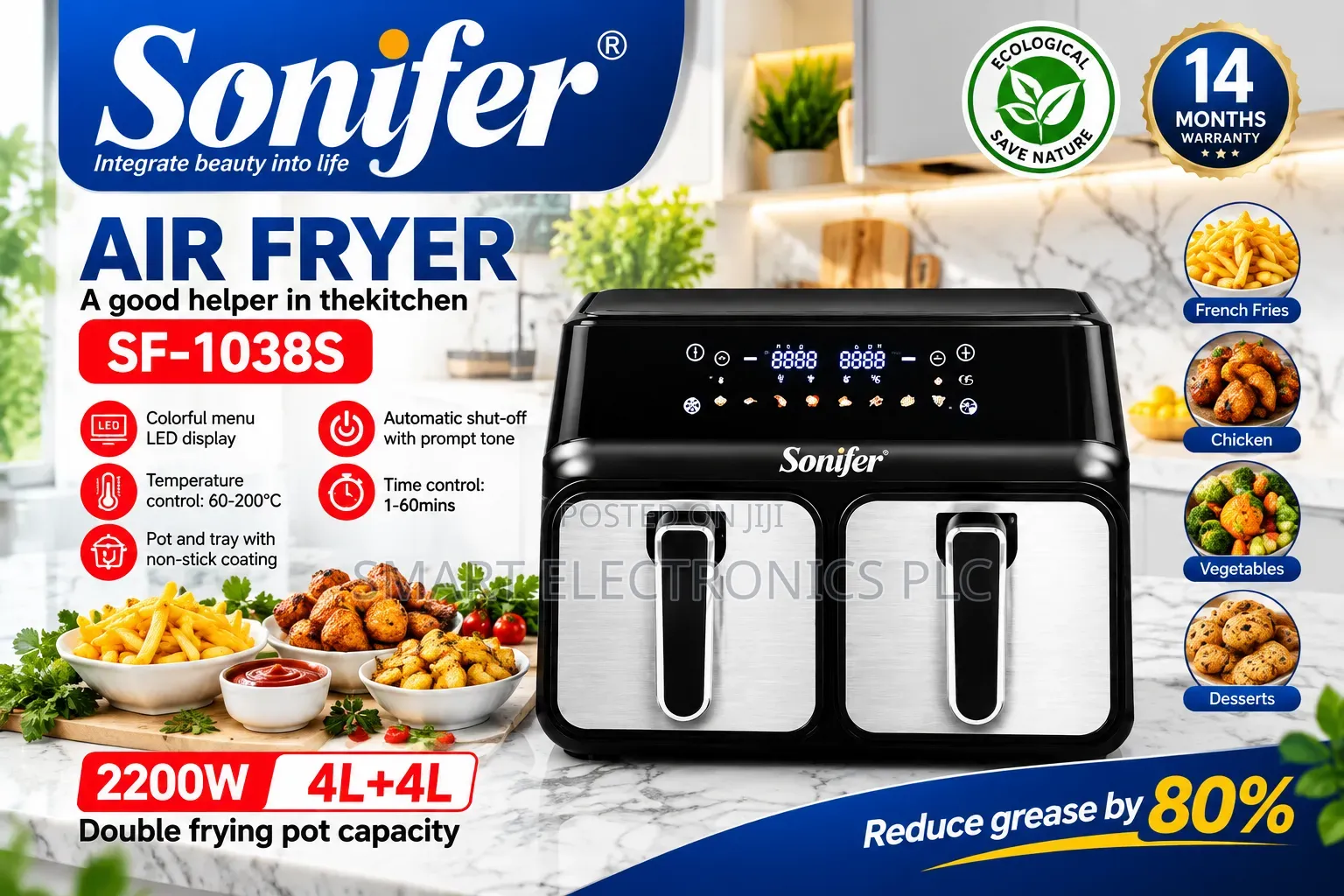 Sonifer SF-1038S / SF-1038 Dual Basket Air Fryer – 8L, 2200W