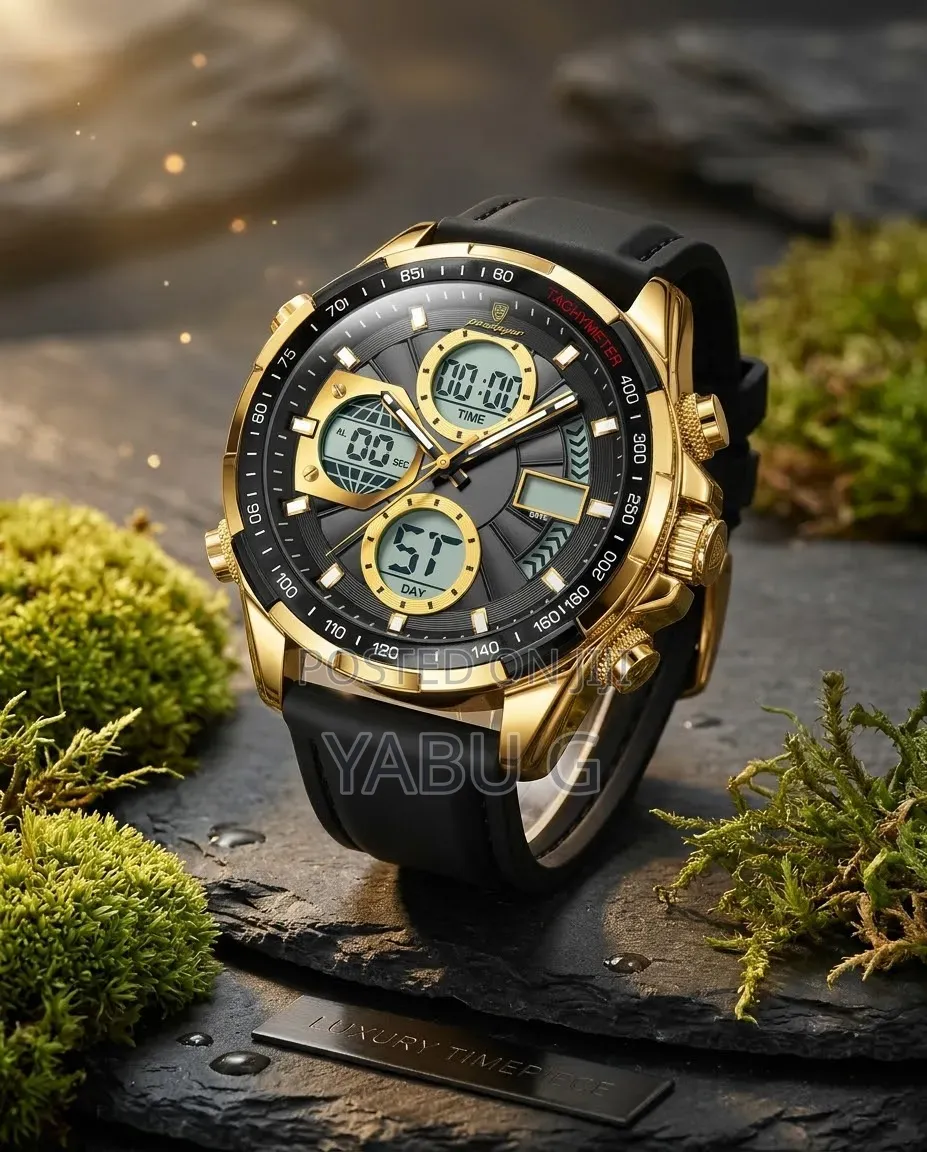 Poedagar Dual-Display Quartz Chronograph Wristwatch Ina Black and Gold