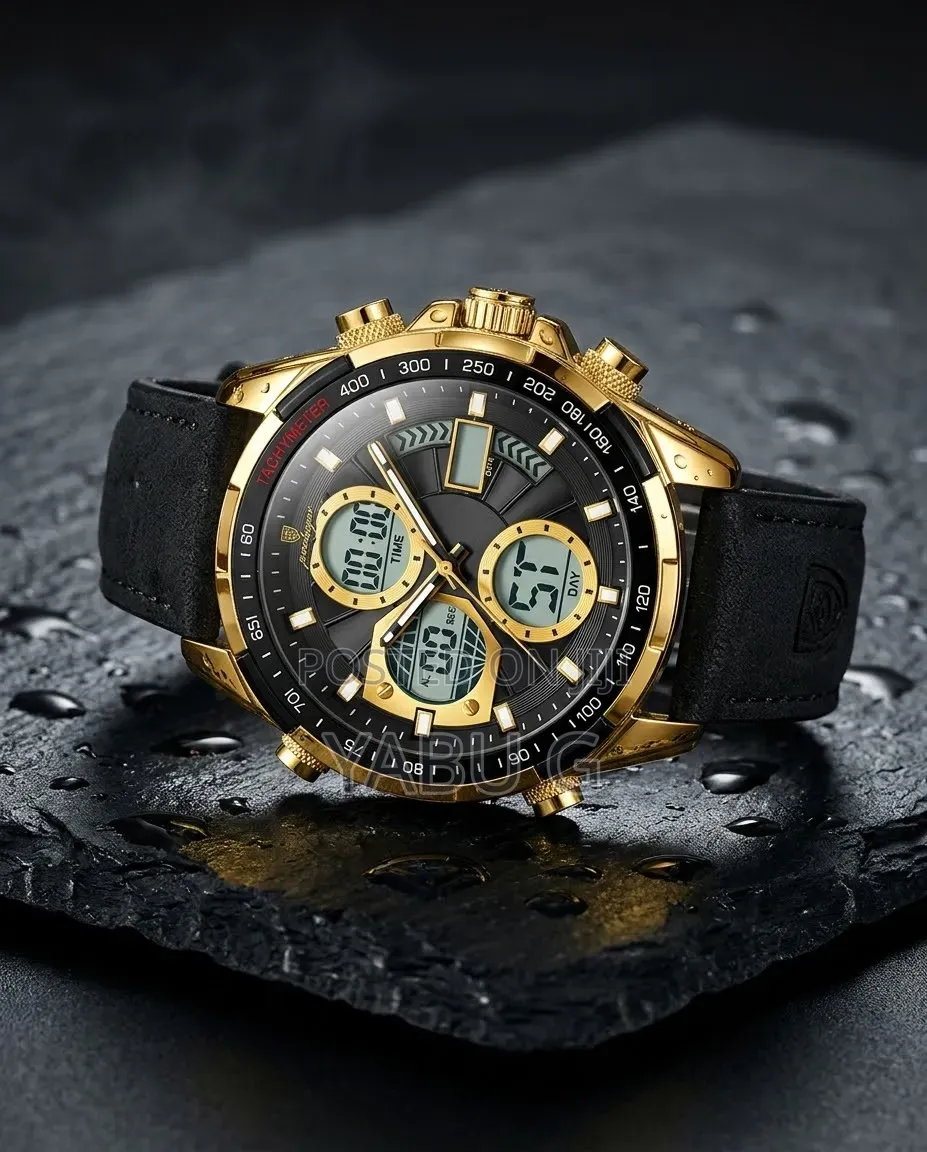 Poedagar Dual-Display Quartz Chronograph Wristwatch Ina Black and Gold