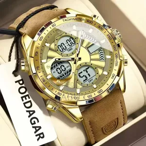 POEDAGQR Analog-Digital Quartz Sports Wristwatch With a Brown Leather
