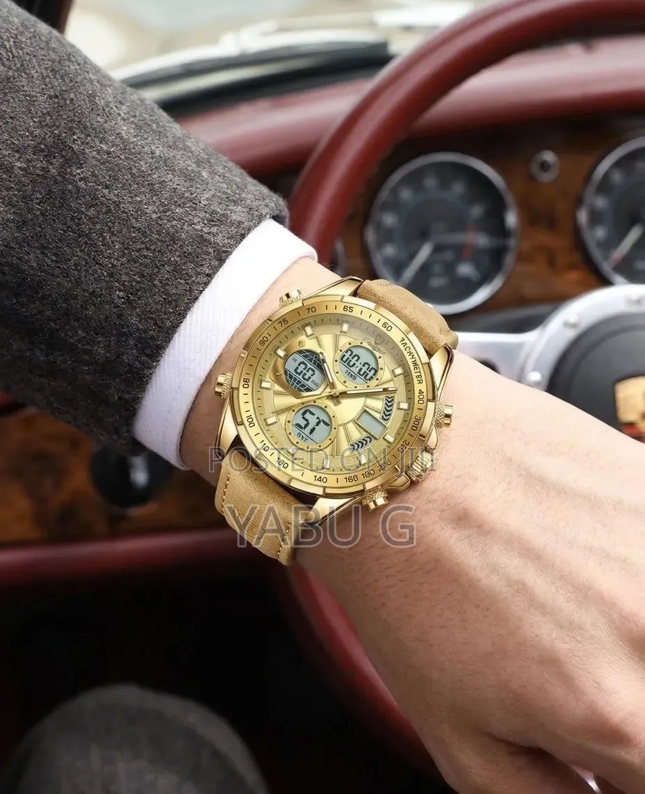 POEDAGQR Analog-Digital Quartz Sports Wristwatch With a Brown Leather