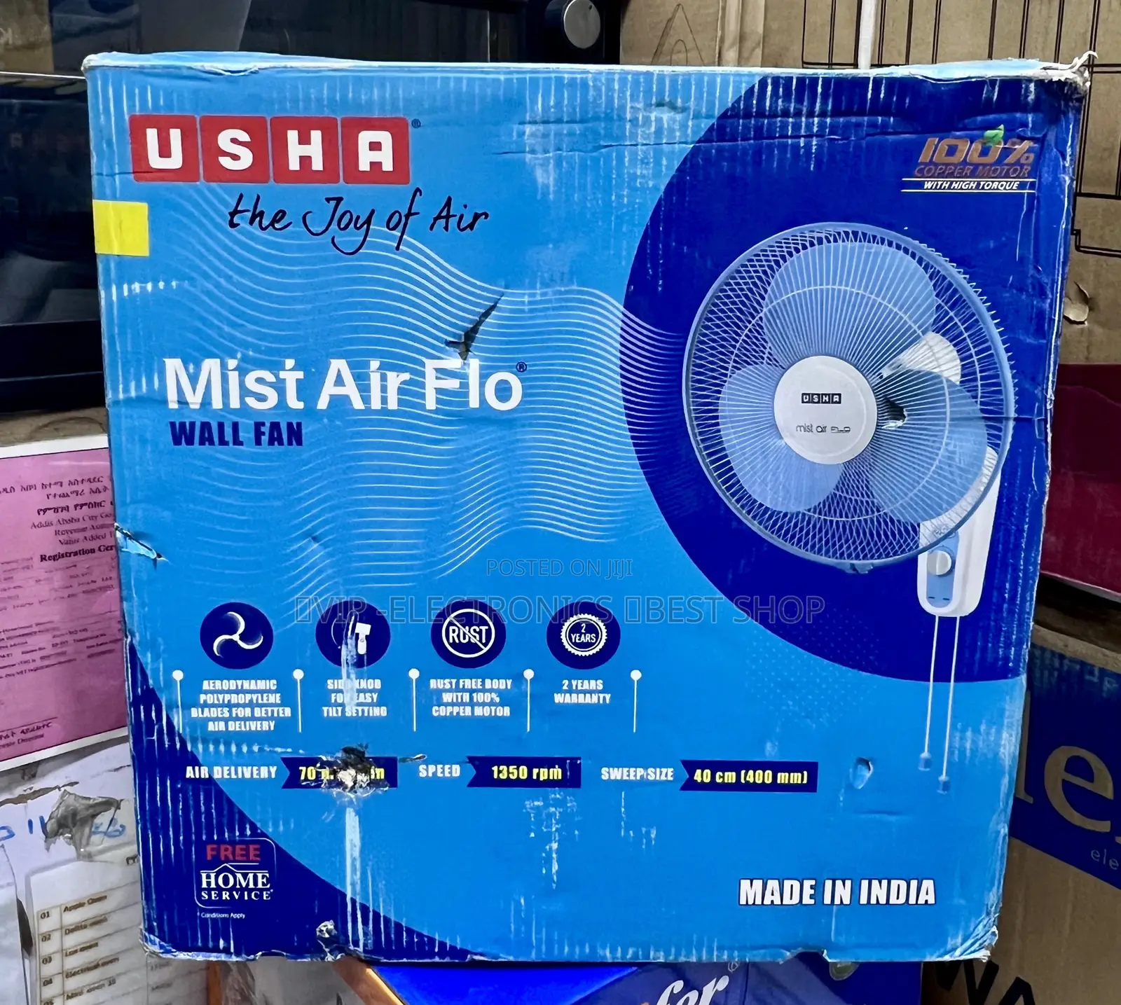 USHA Mist Air Flo Wall Fan 16-Inch (400mm) –100% Copper Motor, 1350 RP