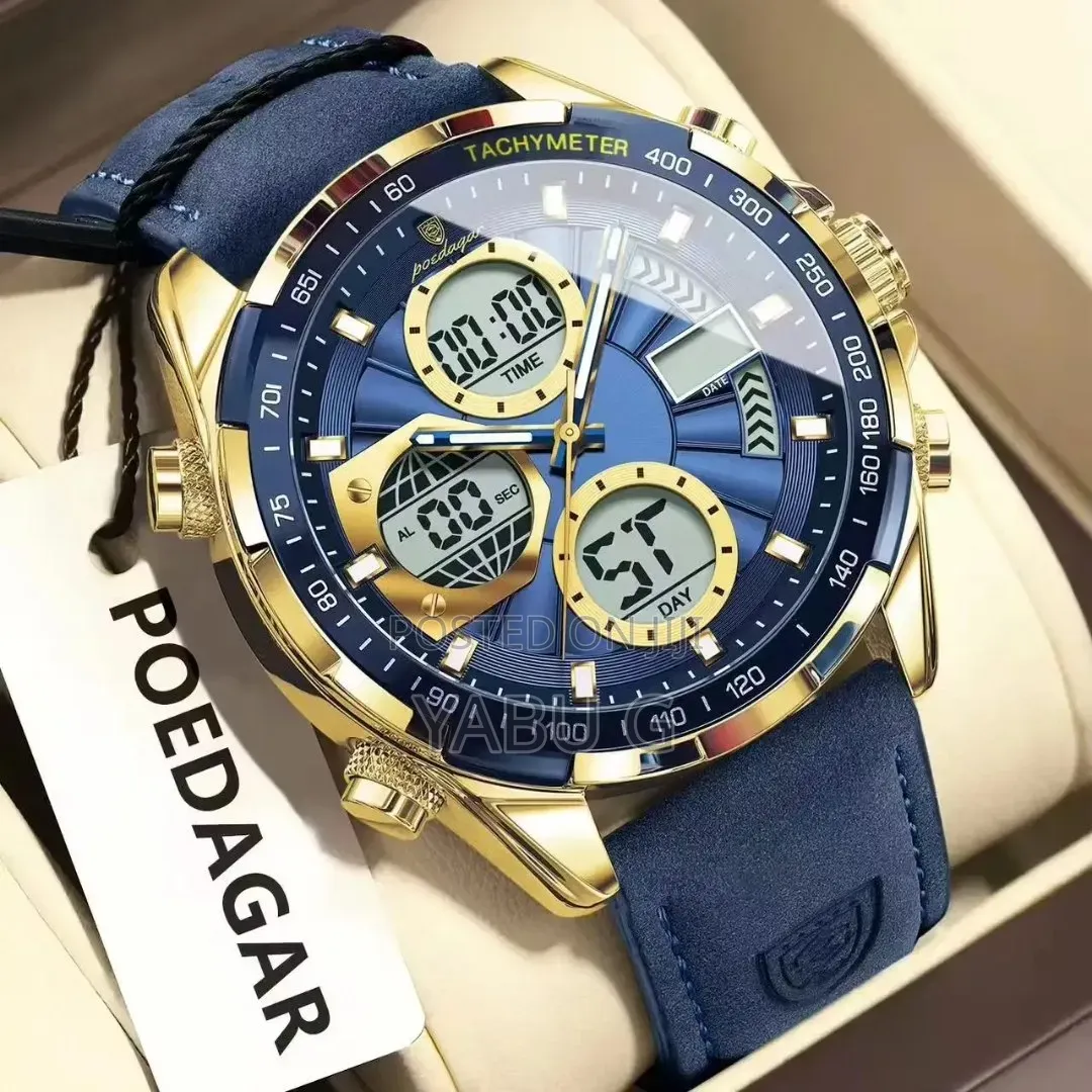 POEDAGAR Men's Quartz Dual Display Watch With a Blue Dial, Gold-Tone