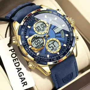 POEDAGAR Men's Quartz Dual Display Watch With a Blue Dial, Gold-Tone