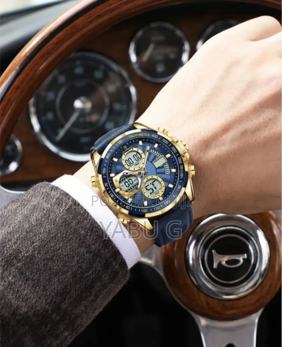 POEDAGAR Men's Quartz Dual Display Watch With a Blue Dial, Gold-Tone