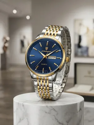Poedagar Quartz Men's Watch Featuring a Sunburst Blue Dial, Gold-Toned