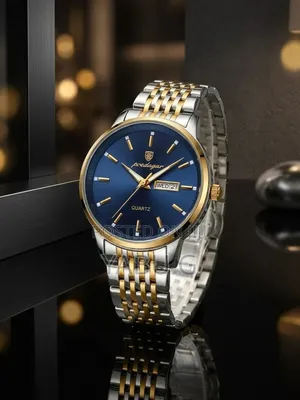 Poedagar Quartz Men's Watch Featuring a Sunburst Blue Dial, Gold-Toned