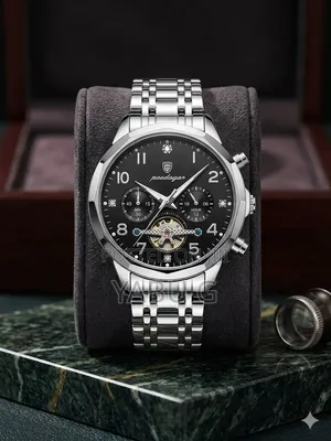 Poedagar Black Sliver Stainless Steel Watch