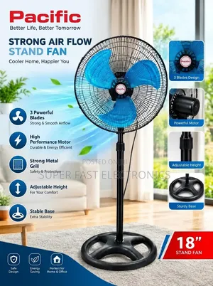 Pacific Stand Fan18-Inch Stand Fan –Powerful Airflow Adjustable Height
