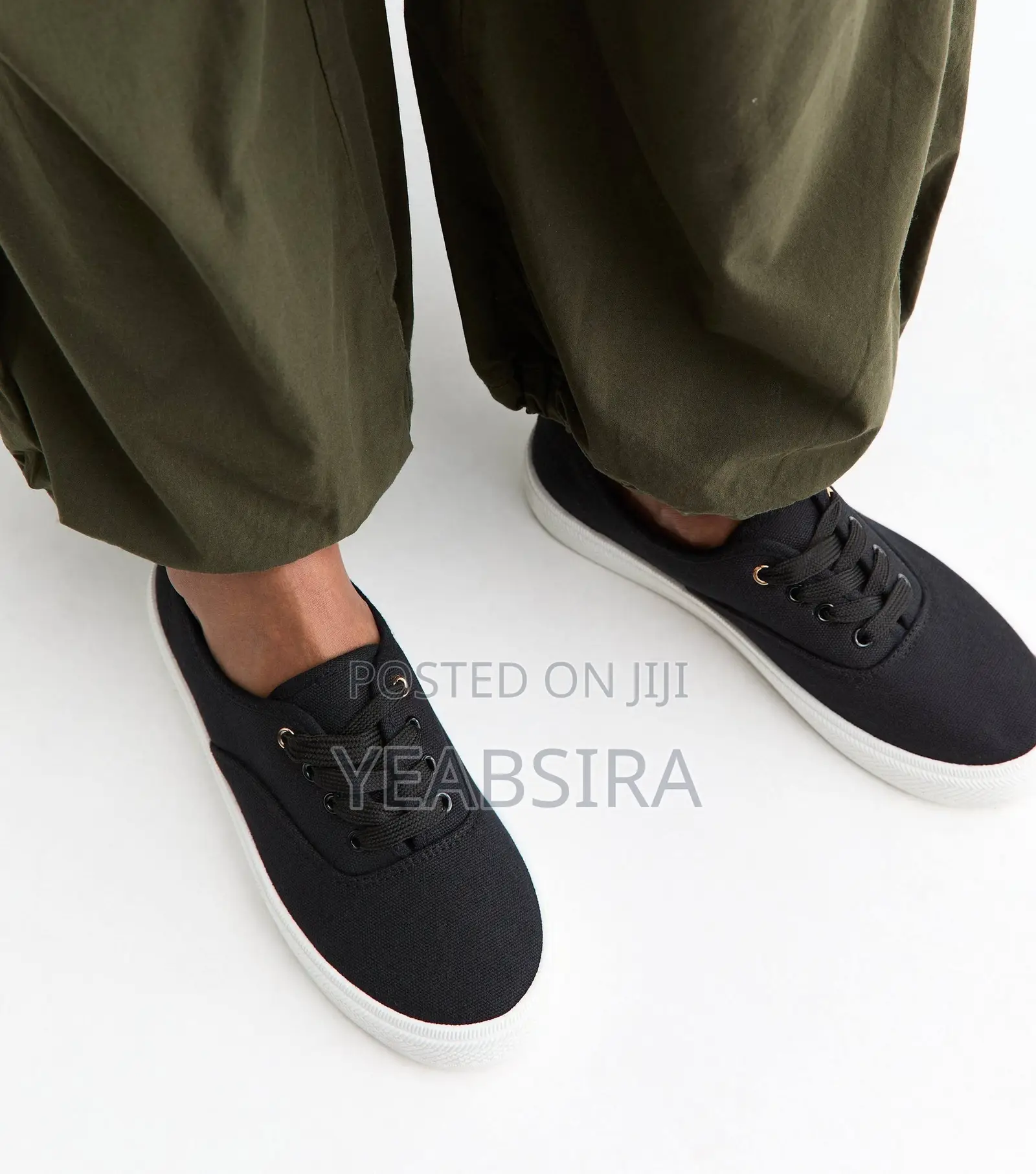 Black Cotton Canvas, Flat Lace Up Trainers