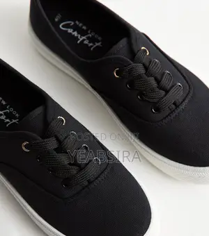 Black Cotton Canvas, Flat Lace Up Trainers