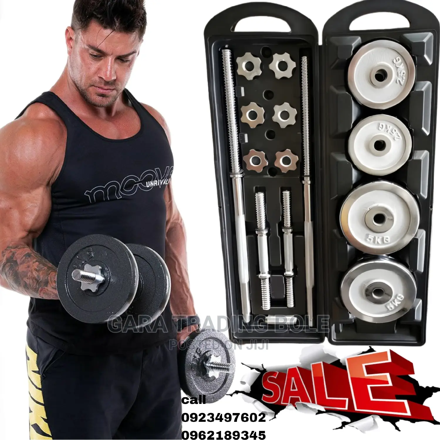 Dumbbell and Barbell 50kg Silver Black Delivery Available