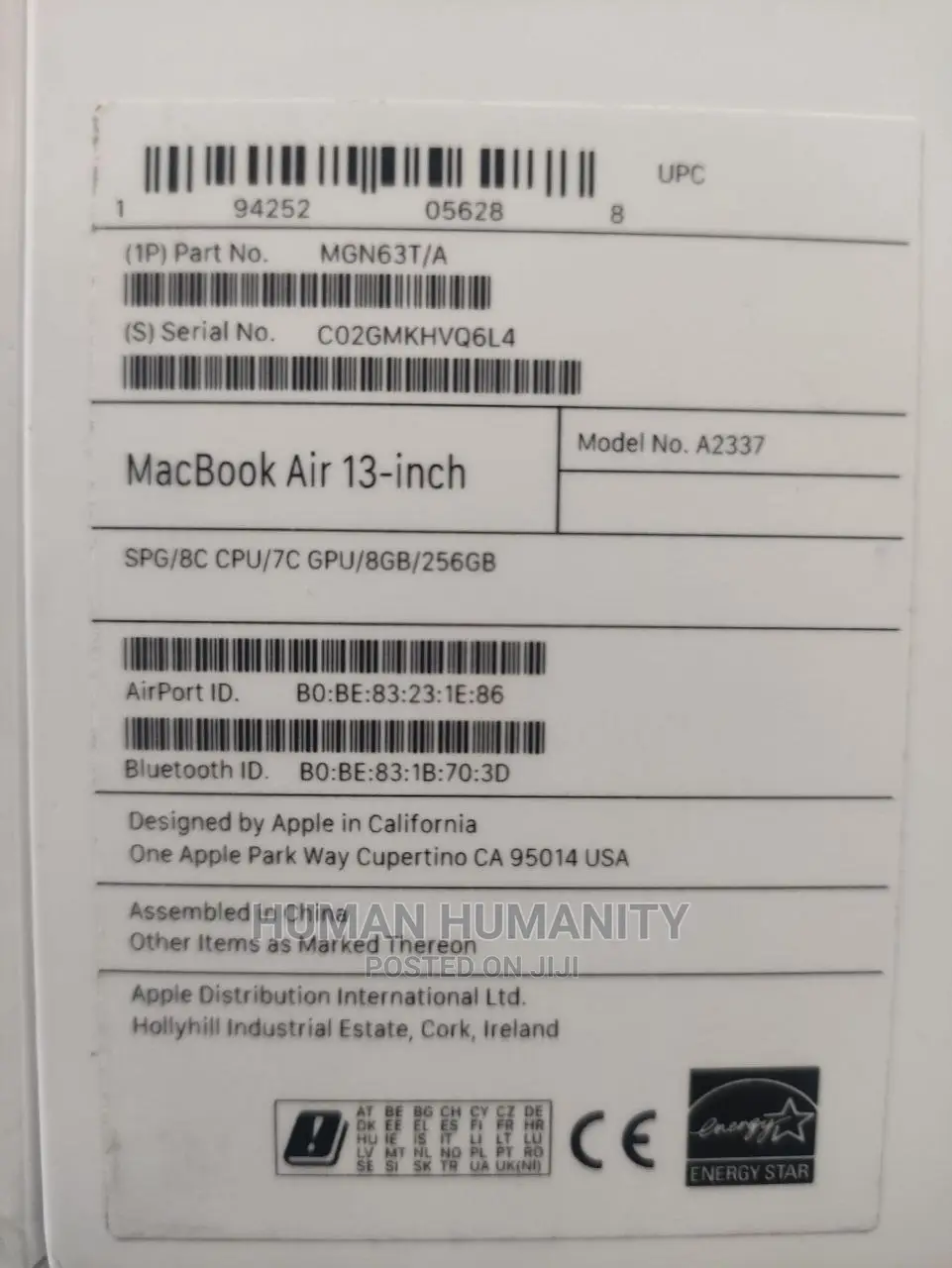 New Laptop Apple MacBook Air 2020 M1 8GB Apple M1 SSD 256GB