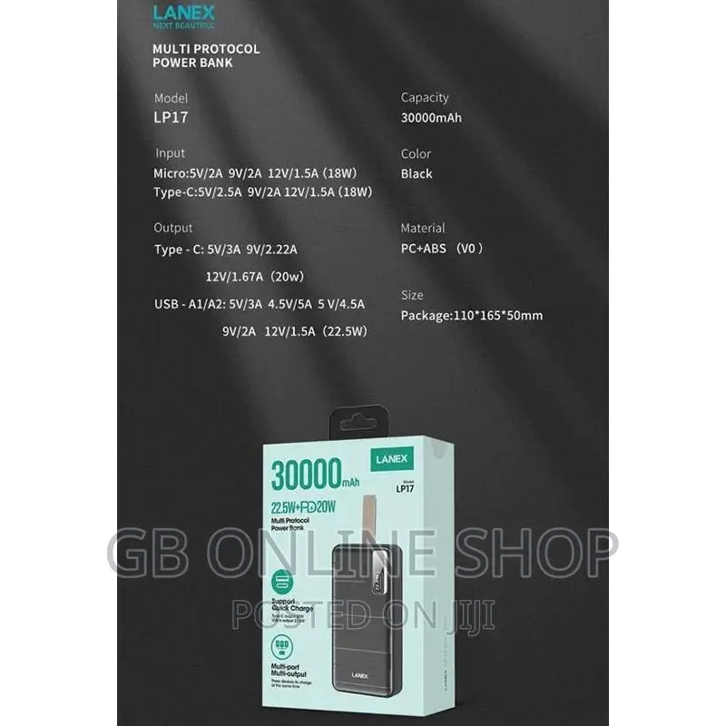 Lanex LP17 Powerbank 30,000 Mah ,22.5W+PD20W