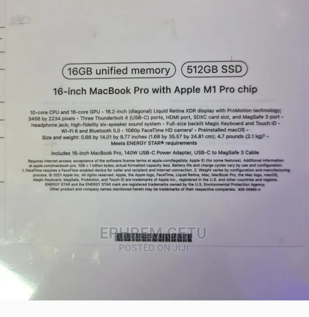 New Laptop Apple MacBook Pro 2021 M1 16GB Apple M1 Pro SSD 512GB