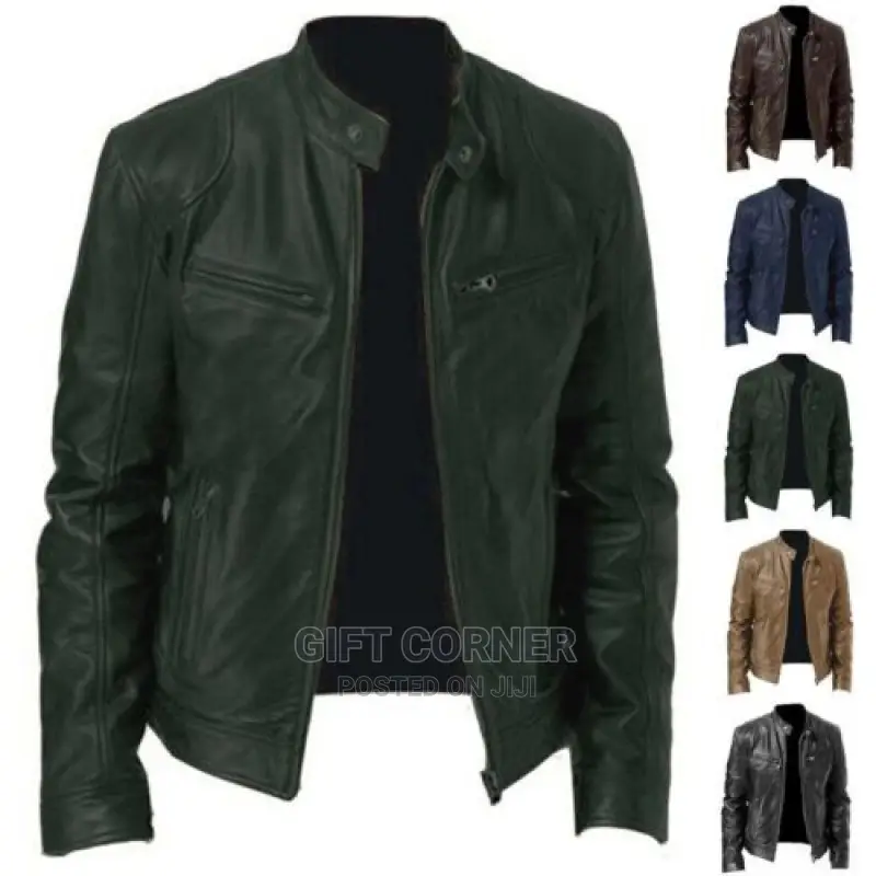 Leather Jackets for Men Casual Stand Collar Leather Zip-Up V