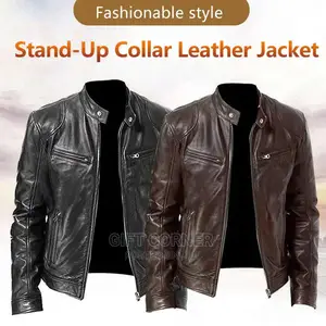 Leather Jackets for Men Casual Stand Collar Leather Zip-Up V