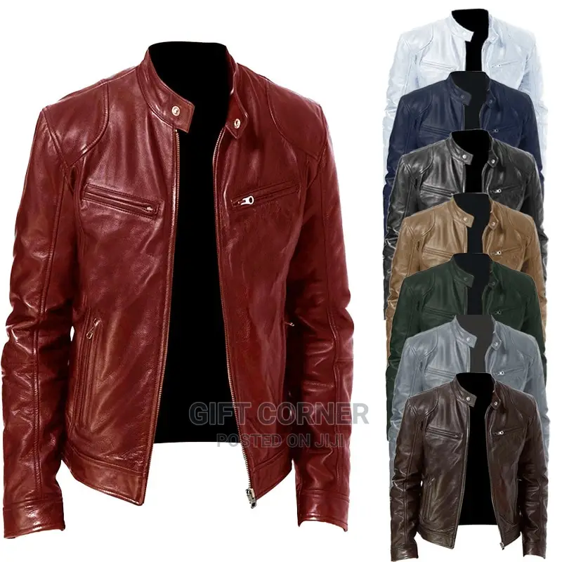 Leather Jackets for Men Casual Stand Collar Leather Zip-Up V
