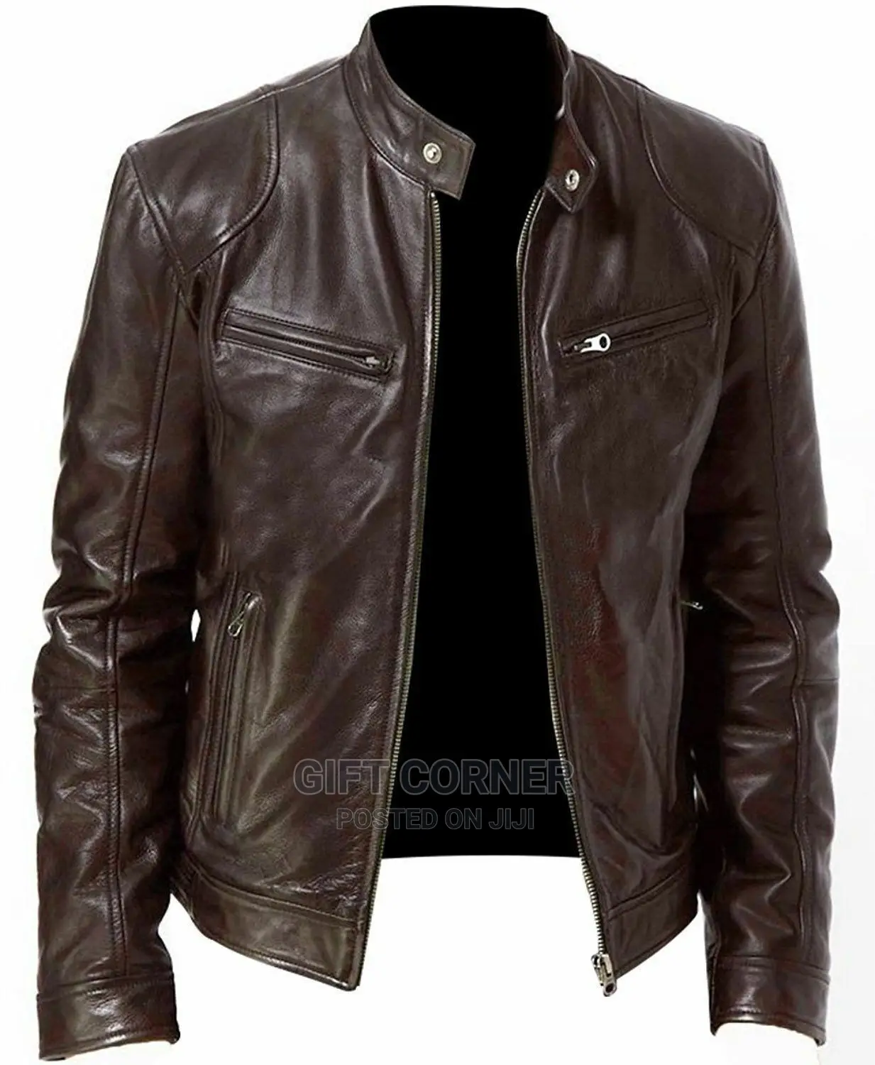 Leather Jackets for Men Casual Stand Collar Leather Zip-Up V