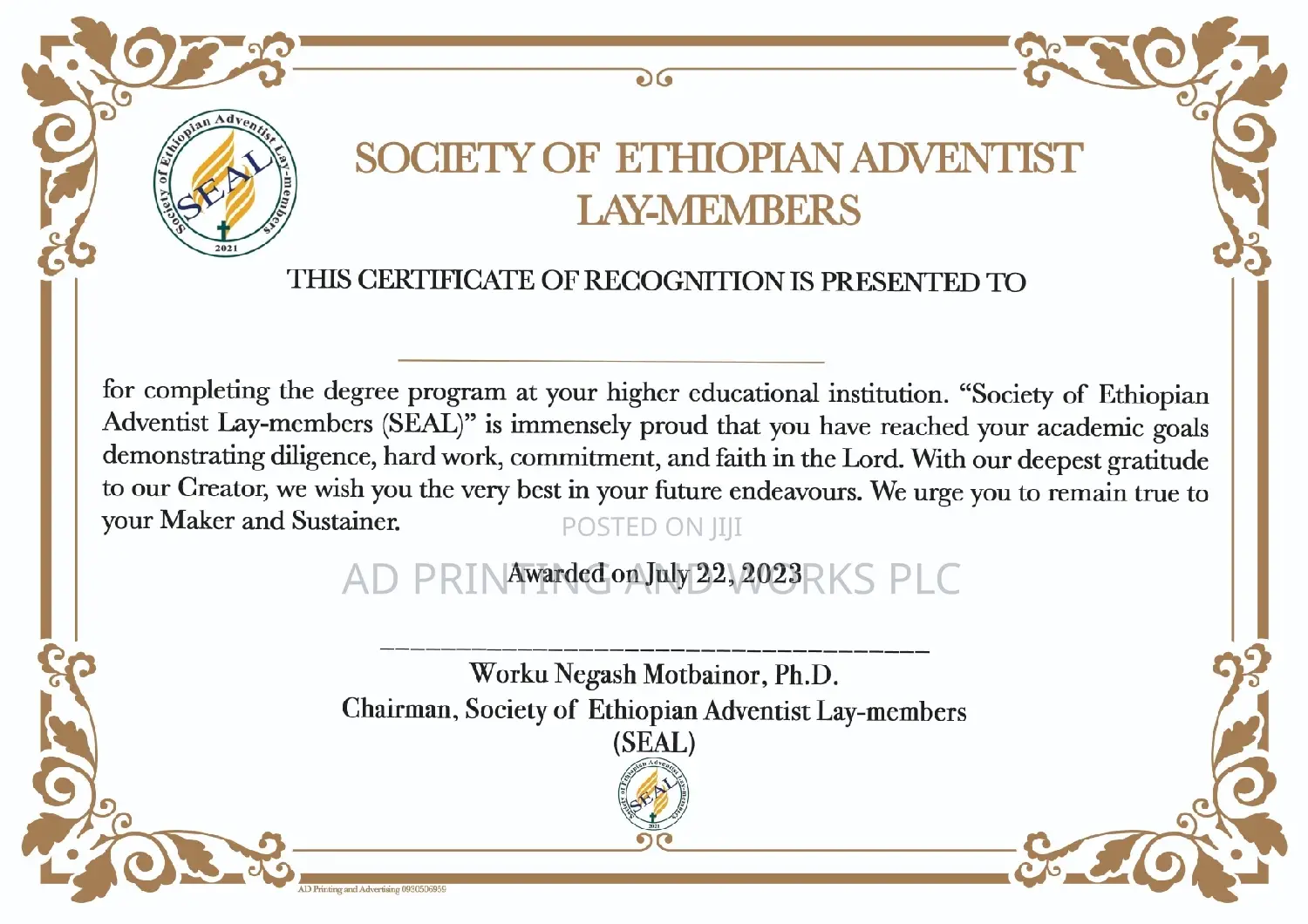 Certificate Printing on Special Card