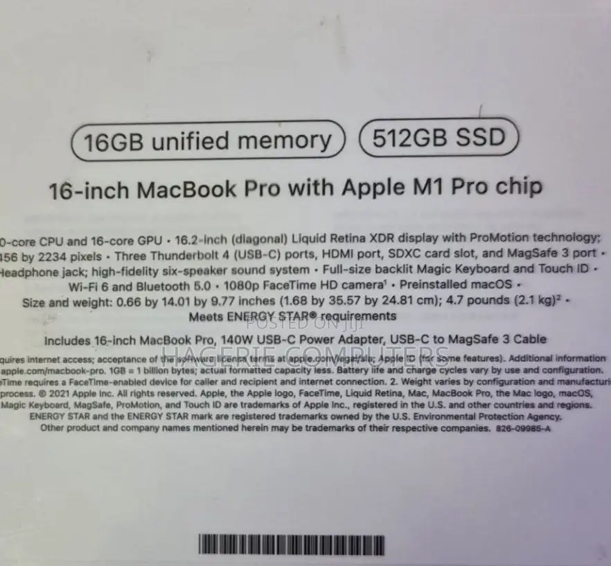 New Laptop Apple MacBook Pro 2021 M1 16GB Apple M1 SSD 512GB
