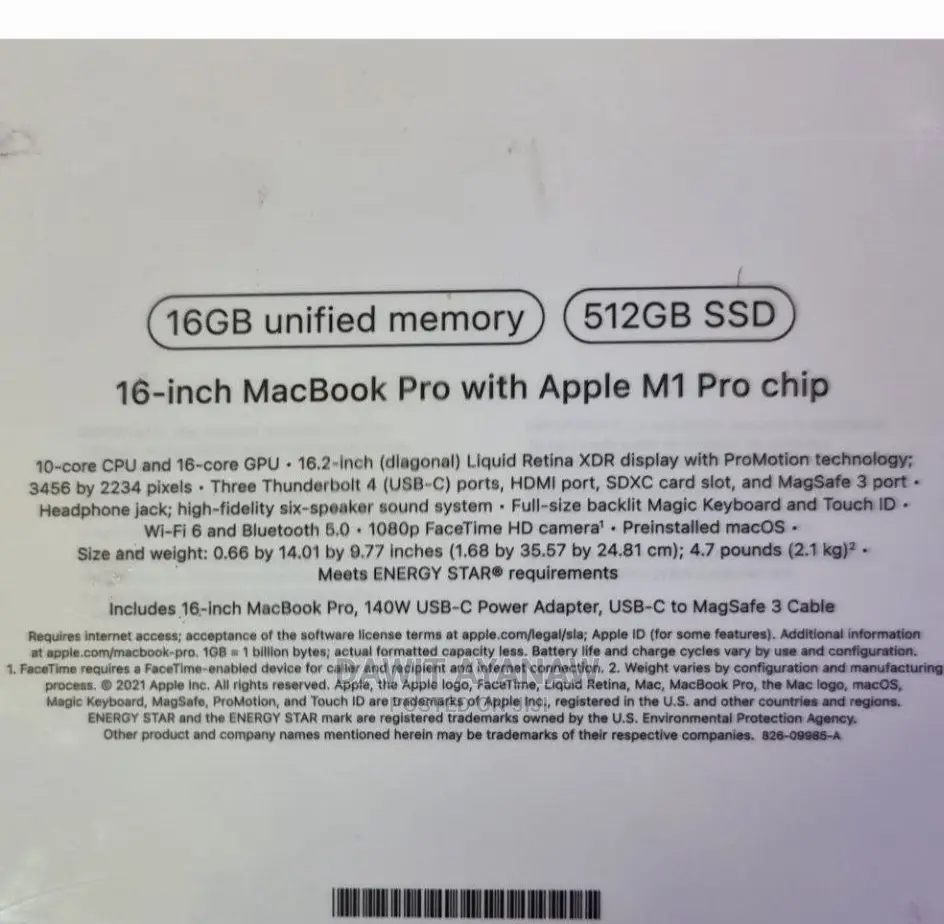 New Laptop Apple MacBook Pro M1 16GB Apple M1 Pro HDD+SSD 512GB