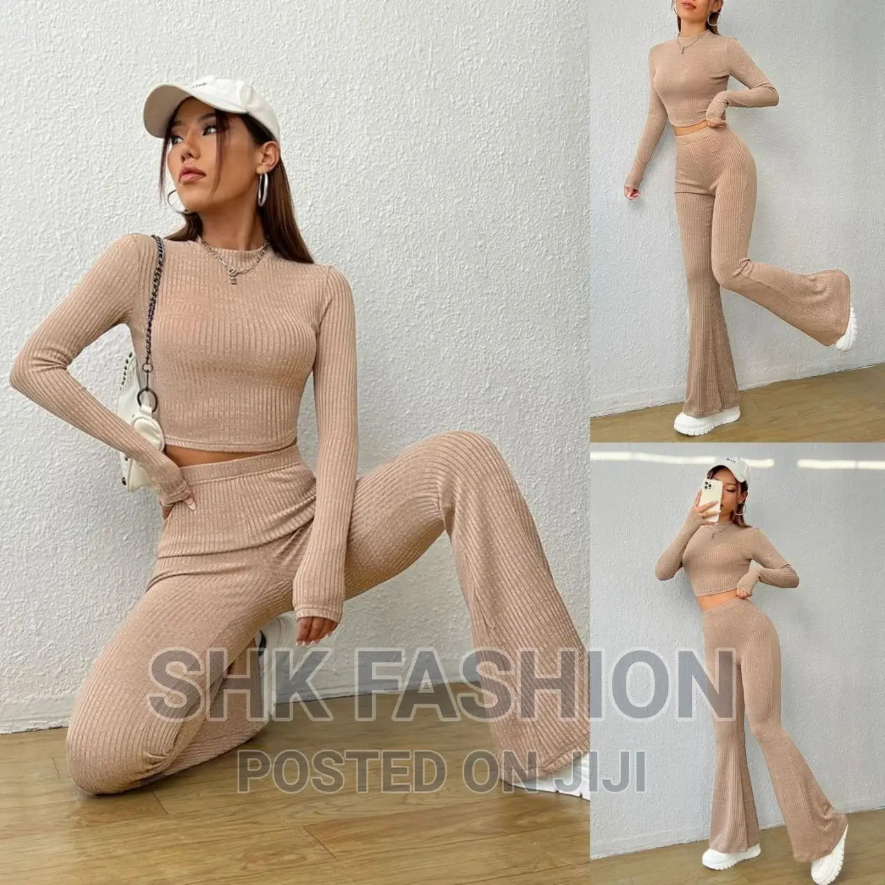 Ribbed Knit Crop Top and Flare Leg Pant