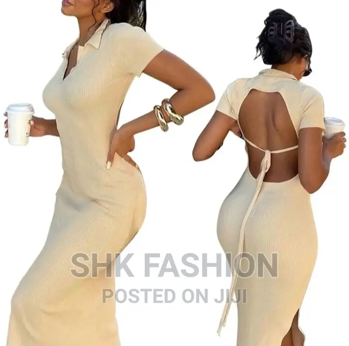 V Neck Short Sleeve Backless Bodycon Long Dress