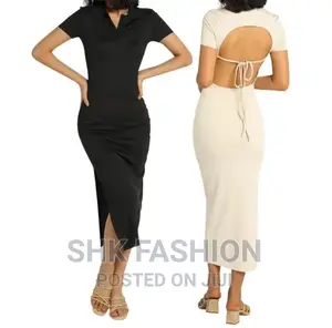 V Neck Short Sleeve Backless Bodycon Long Dress