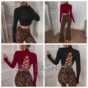 Photo - Solid Lace-Up Back Mock Neck Crop Top