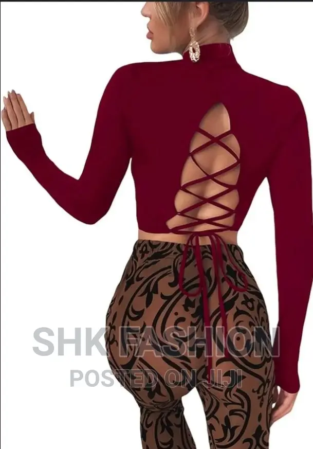 Solid Lace-Up Back Mock Neck Crop Top